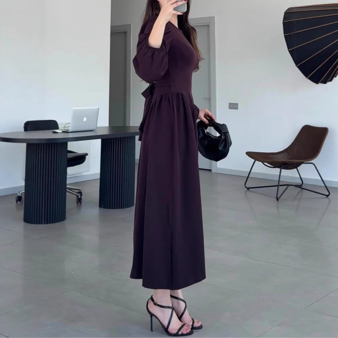 Long-sleeve Flared Waist-cinched Elegant Dress