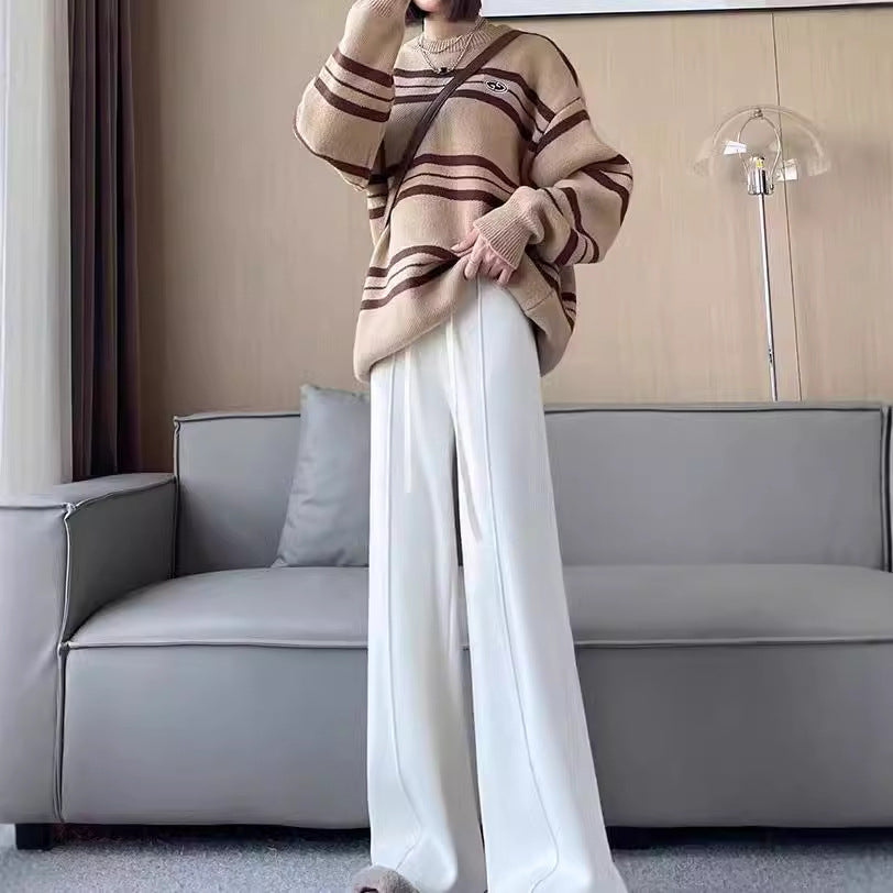 Sunken Stripe Knitted Wide Leg Women's Straight-leg Pants