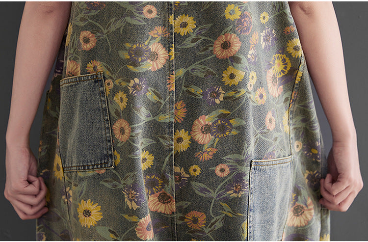 Women's Retro Nostalgic Print Ripped Denim Overalls