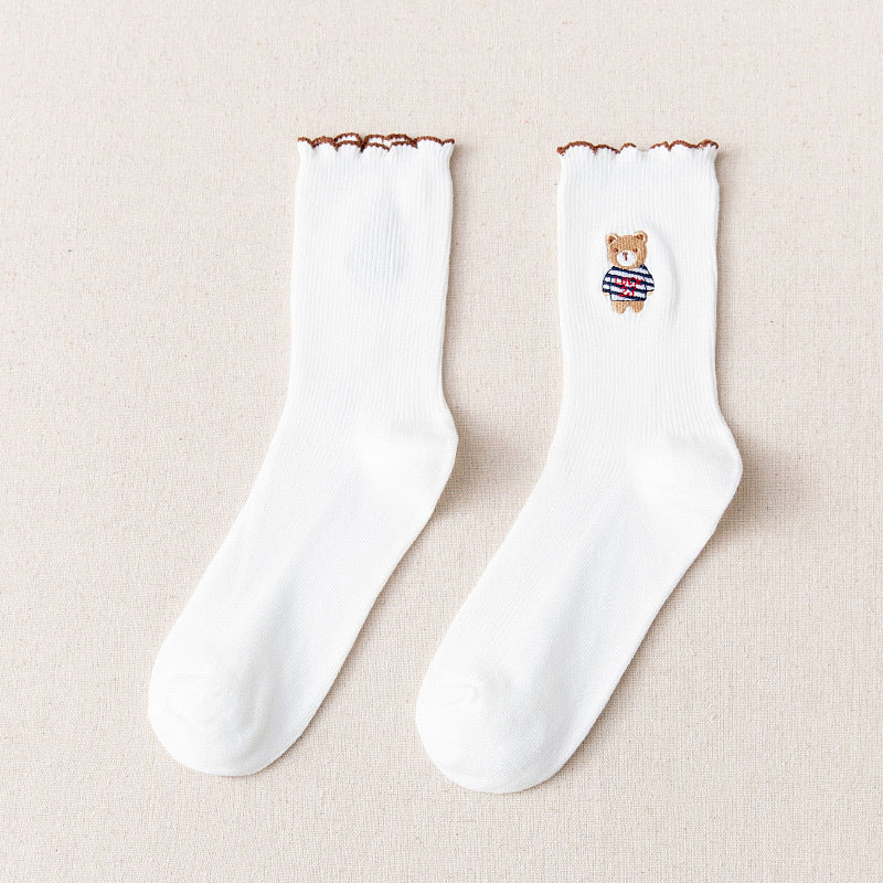 Women's Bear Embroidered Fungus Lace Mid Tube Socks