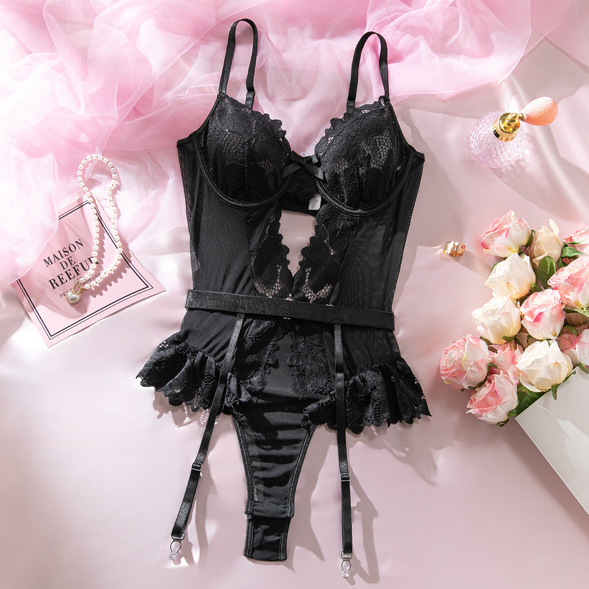 Women's Sexy Lace-Trimmed Patchwork Jumpsuit