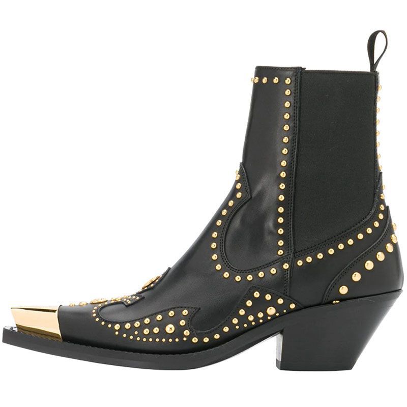 Metal Pointed Rivets Leather Ankle Boots Chunky Heel