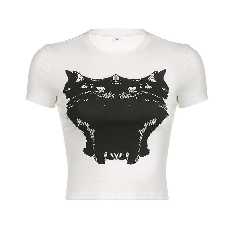 Mode Kattehovedprint Kortærmet T-shirt Rund Hals Afslappet Top