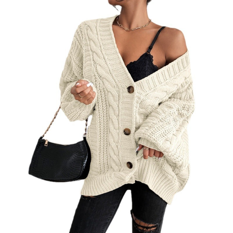 V-hals Sweater Dame Retro Fashion Løs Twist Strikket Jakke