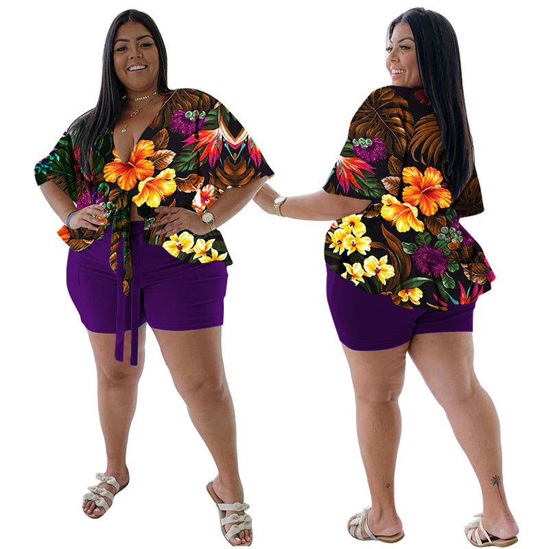 Women's Plus-Size Casual T-Shirt And Shorts Set With Print