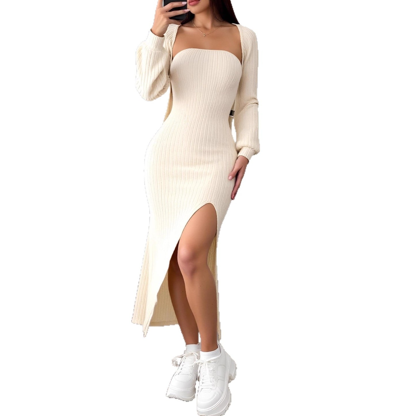 Hollowed-out Tube Top Sheath Dress With A Slit And Cardigan Jacket Set