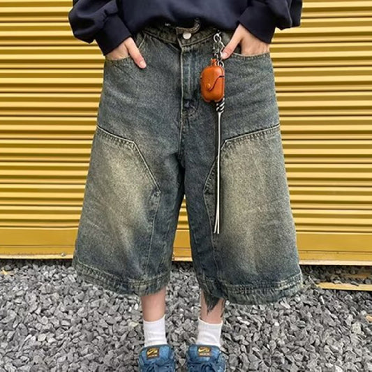 Retro vaskede denimshorts med lige, vide ben til mænd og kvinder