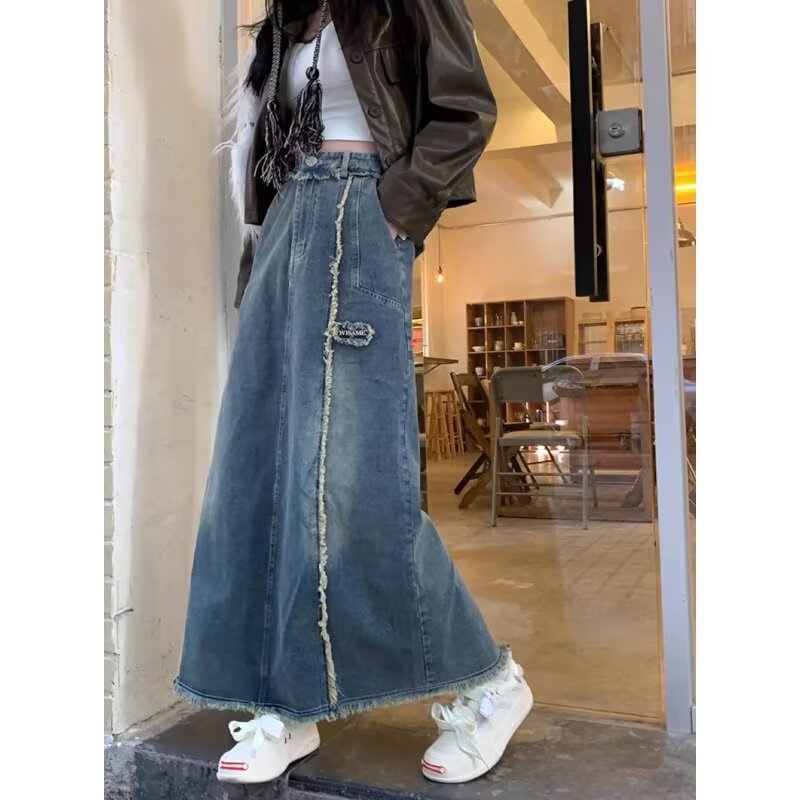Autumn Design Sense Niche Frayed Retro High Waist Denim Skirt For Women
