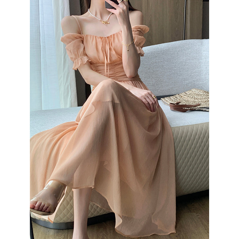 French Tea Break Waist Wrapped Soft Texture Long Dress