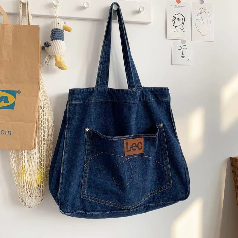 Japanese Denim Shoulder Bag With Large Capacity