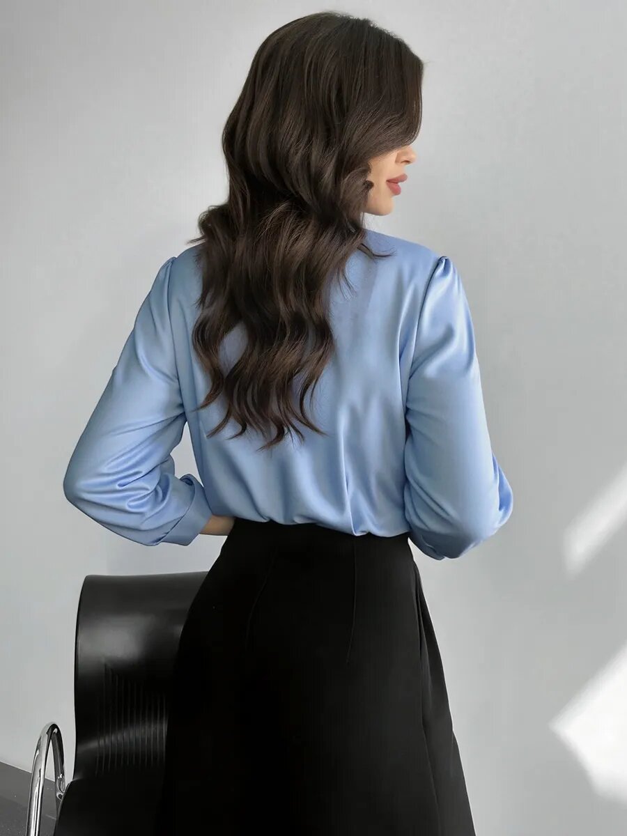 Blue, Relaxed-fit Workwear Top With A Stand-up Collar And A Luxurious Silk-like Texture