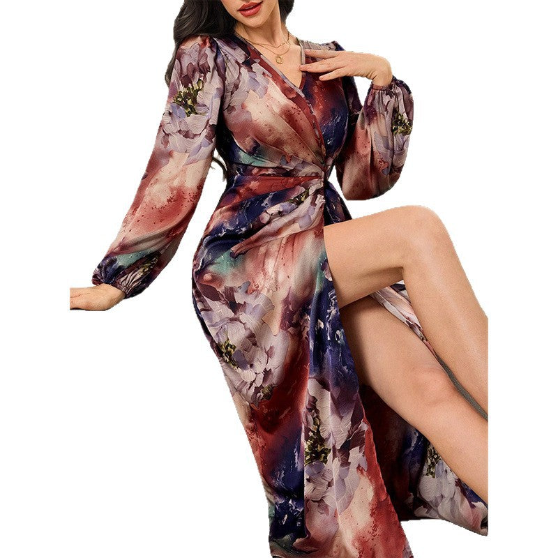 Printed V-neck Cardigan Lace-up Slim-fit Dress