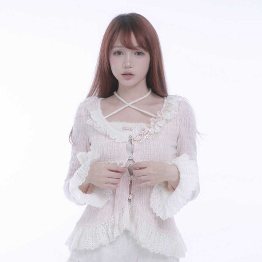 Fleece Knitted Cardigan Asymmetric Lace