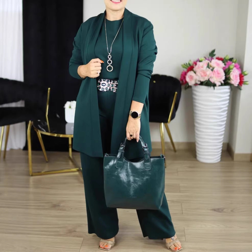 Womens 3-Piece Solid-Color Crew-Neck Long-Sleeve Top Set