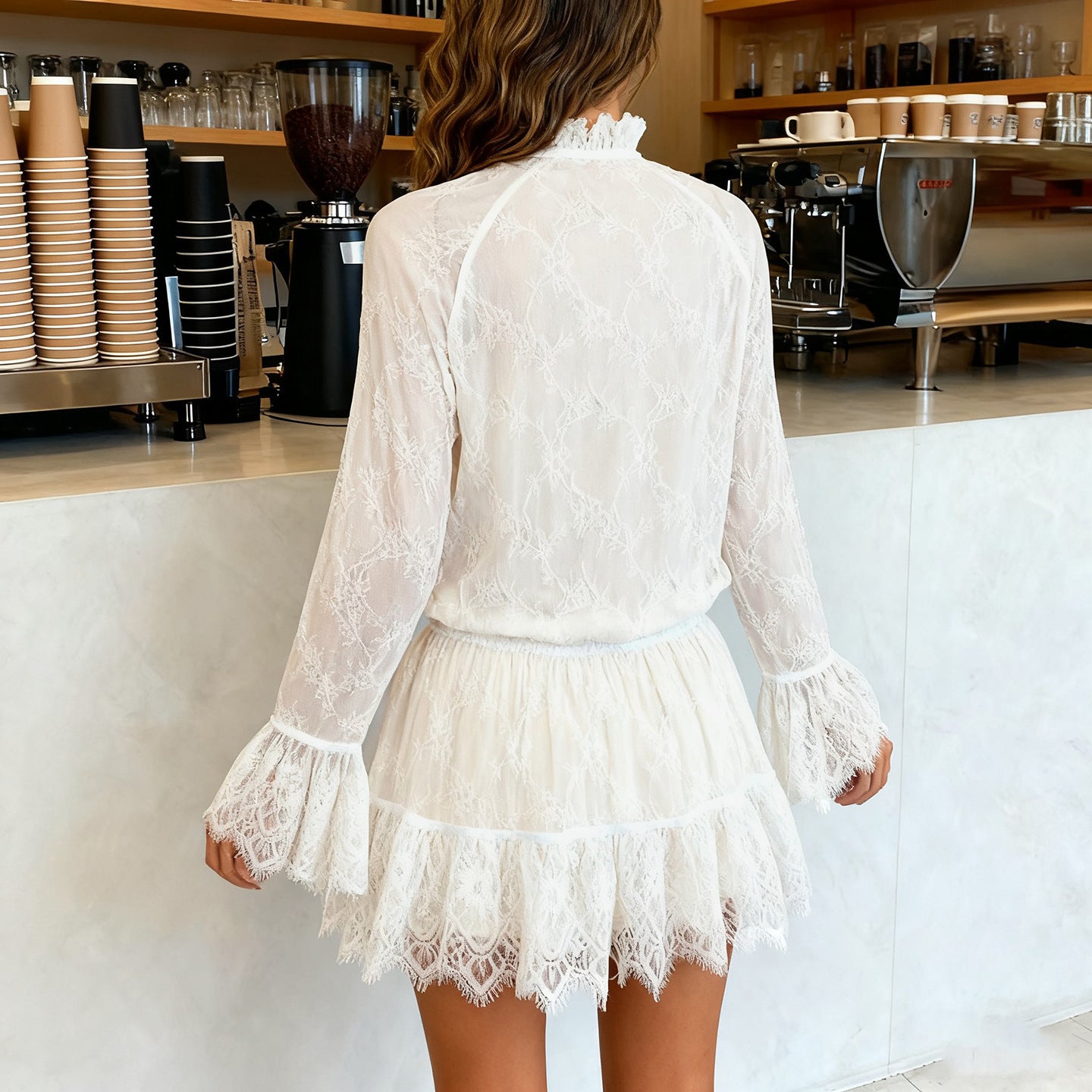 Round-neck Flared-sleeve Loose-fit Short Skirt Two-piece Set