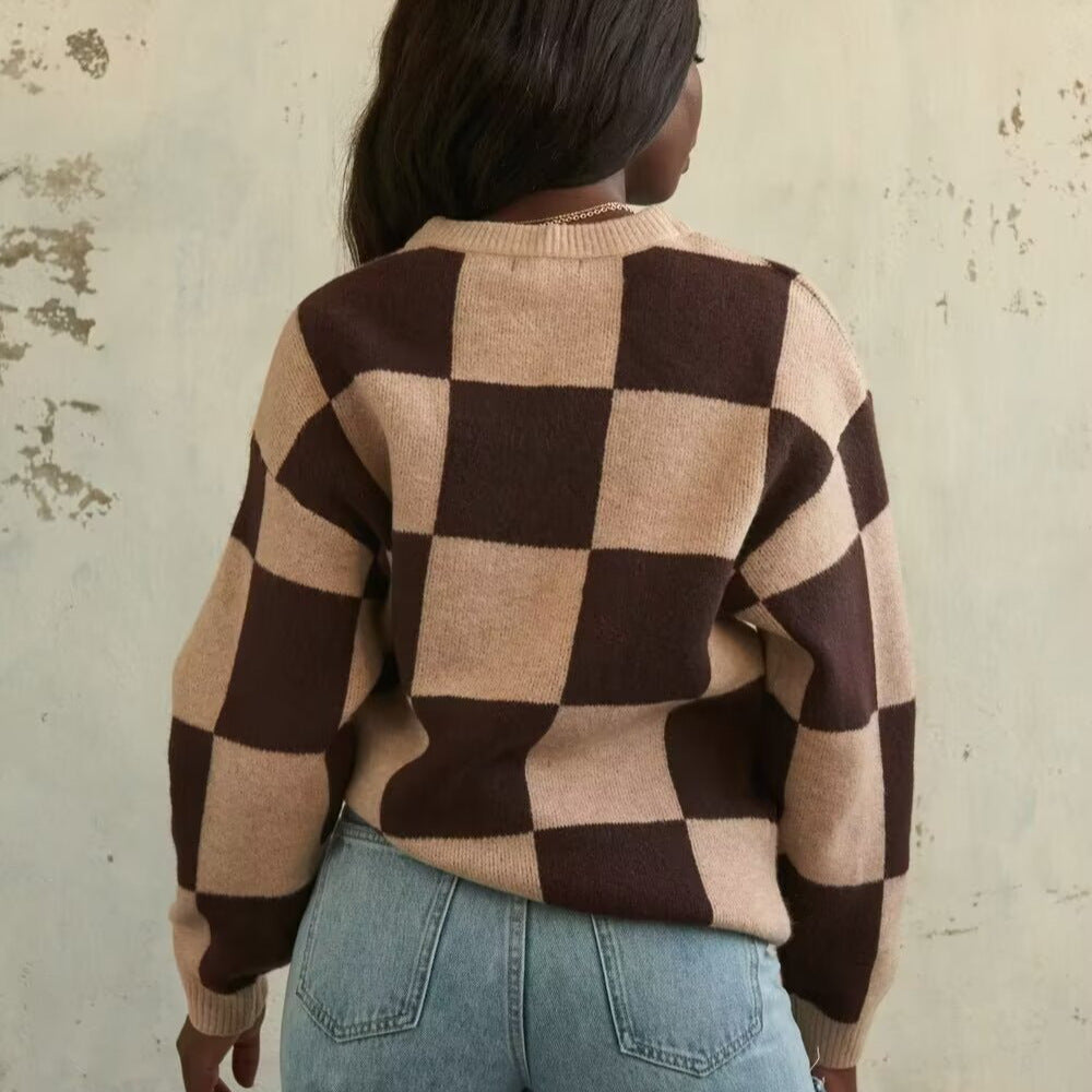 Women's Sweater Checkerboard Round Neck Loose Top