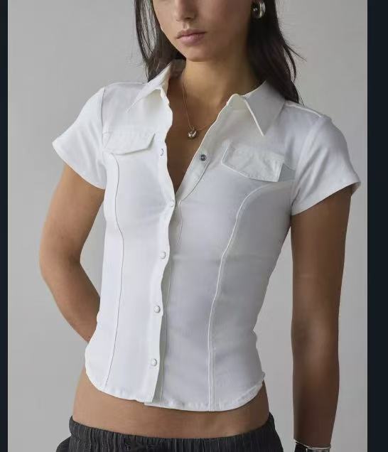 Retro Hot Girl Pleated Waist Tight Design Short-sleeved Shirt Top Women's Clothing
