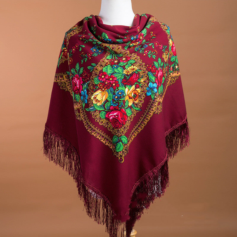 Large Square Scarf Shawl With Ethnic Print Tassels To Keep Warm
