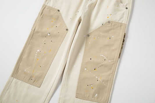 Khaki Cashew Patchwork Ink Splash Trousers Casual Pants
