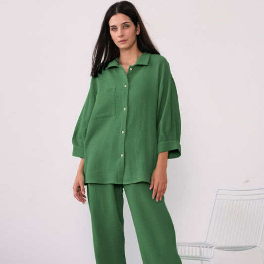 European And American Crepe Pajama Set Loose-fitting Shirt And Trousers