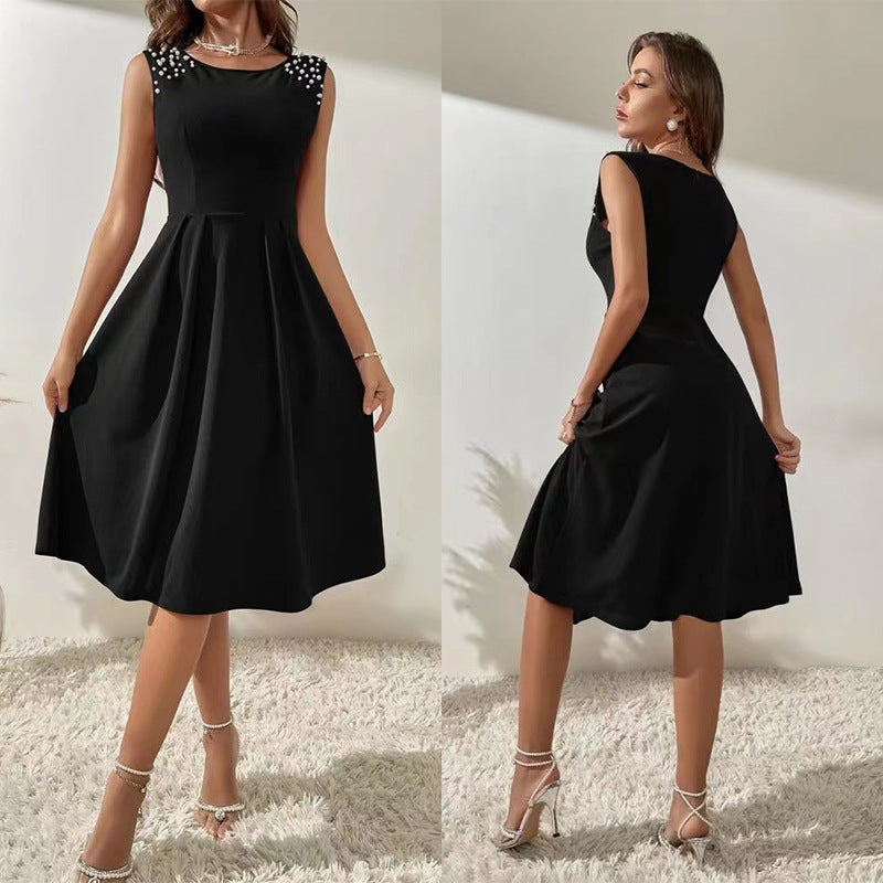 Women's Slim Fitting Round Neck Studded Sleeveless Dress