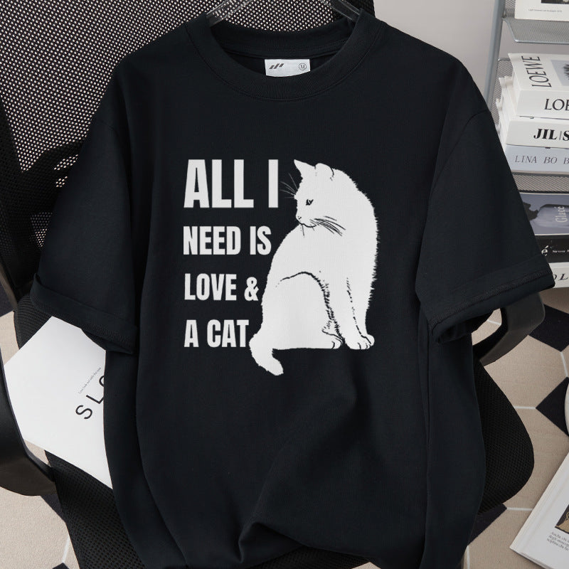 Stylish Cotton Short-Sleeve T-Shirt With A Cat Print