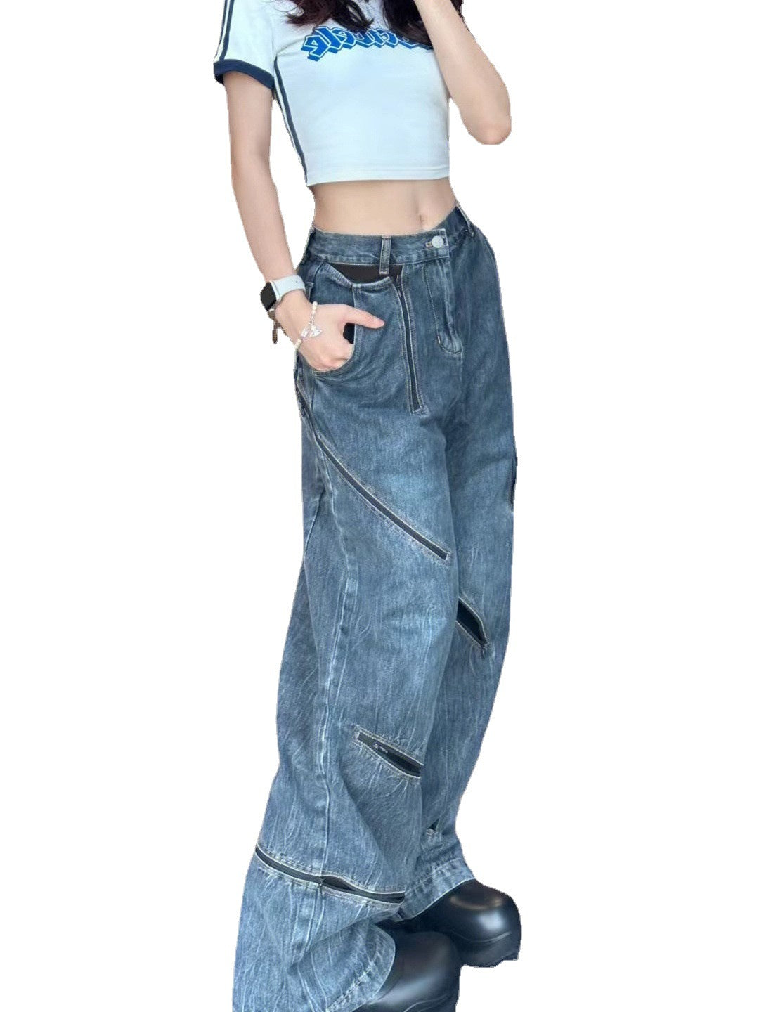 Ripped Lined Jeans Women's Full Straight Loose Wide Leg Feeling Long Pants