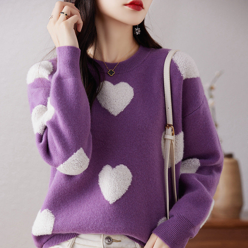 Round Neck Pullover Love Pure Wool Sweater Ladies