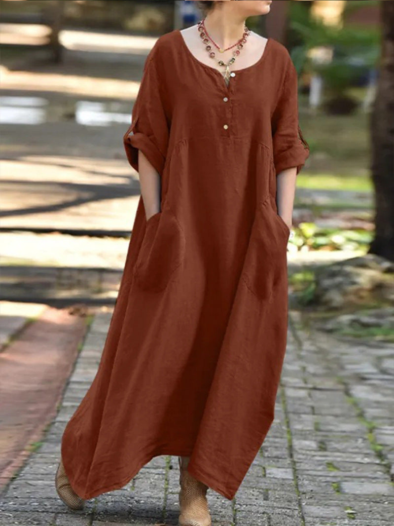 Women's Casual Cotton-Linen Loose Fit Swing Dress