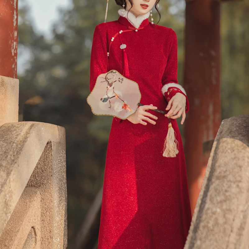 Thickened Wine Red Bridal Toast Modernized Cheongsam Style Dress