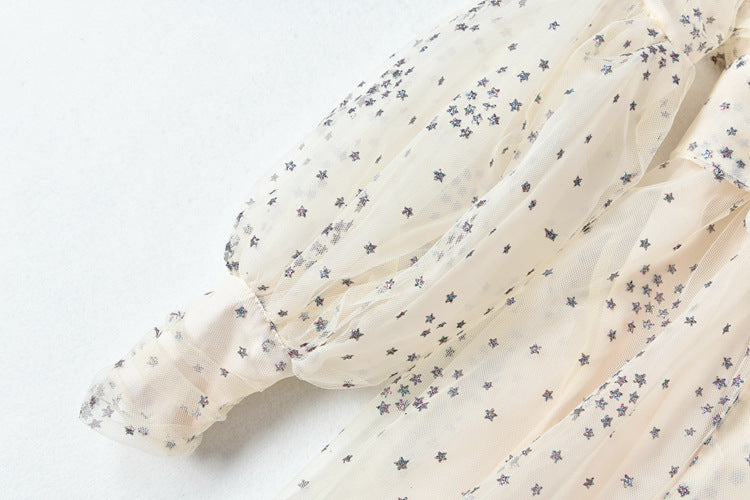 Women's Mesh Star Shiny Silk Print Waist Wrapping Slim Dress