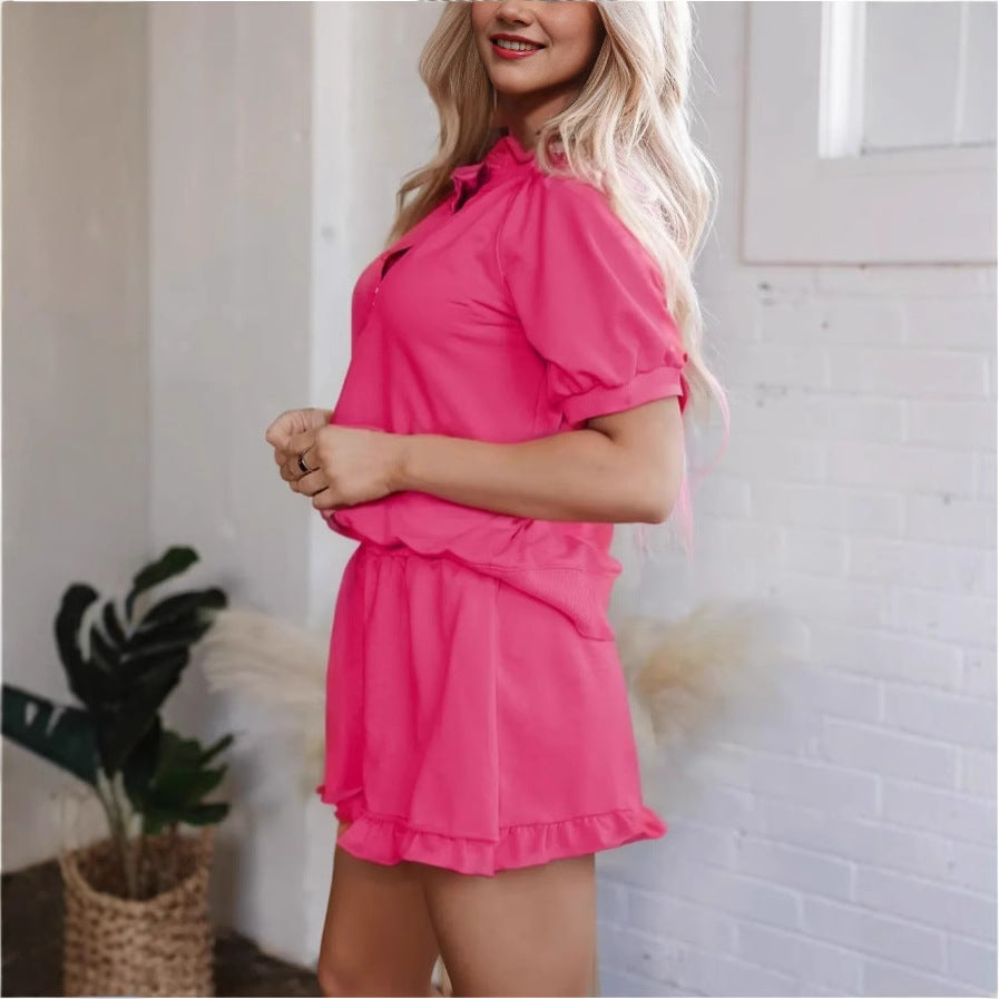 Womens Casual Zippered Fashion Solid-Color Short-Sleeve Two-Piece Set