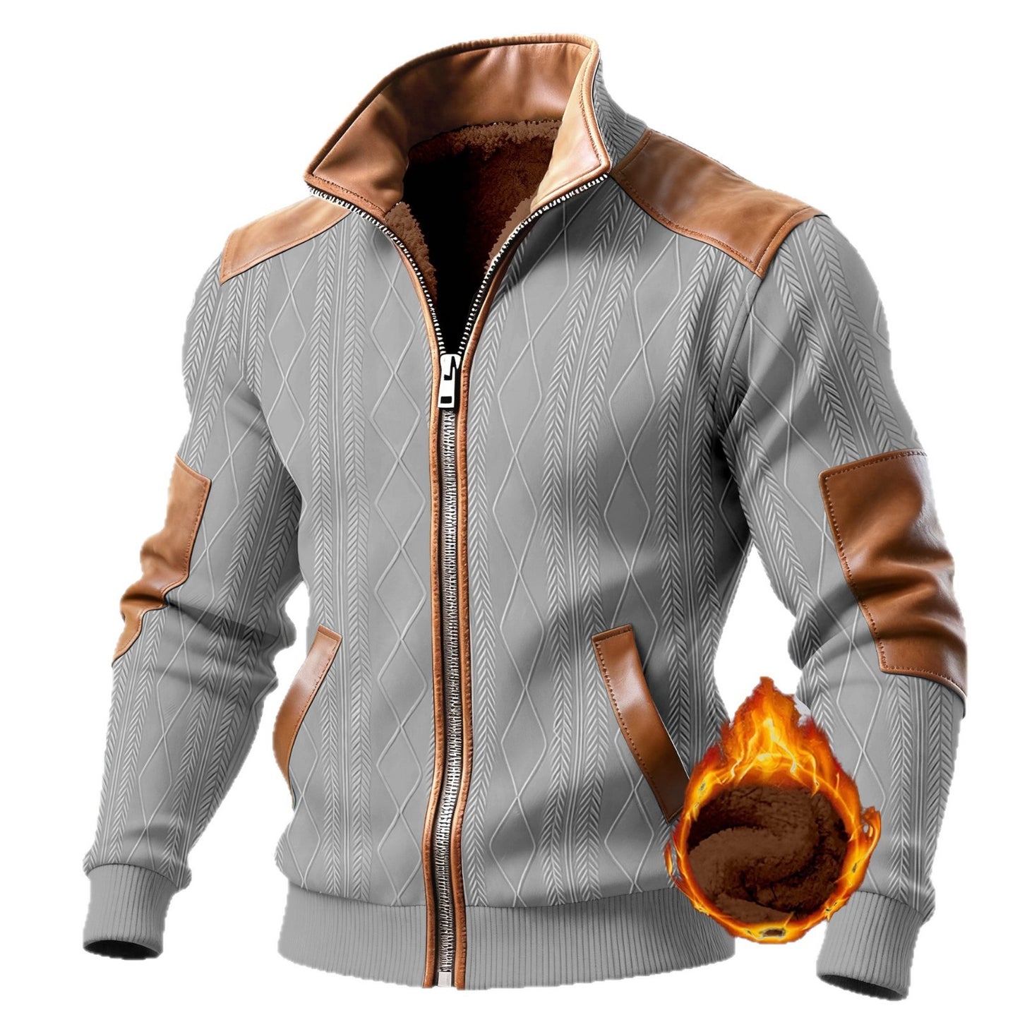 Color-block Textured Fleece-lined Zip-up Casual Jacket
