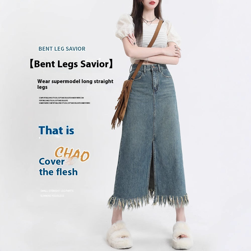 Retro Slids Denim Nederdel Kvinders Kvast Midnatslang Hofte Nederdel