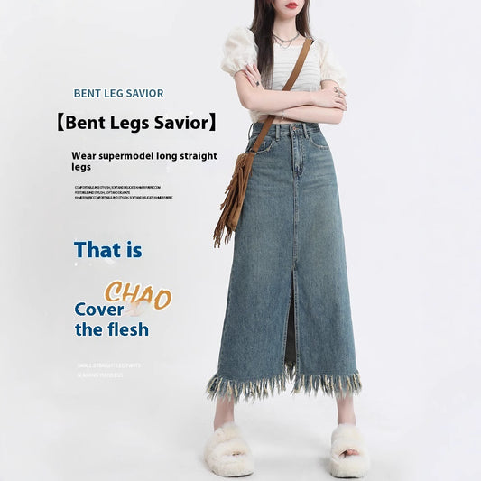 Retro Slids Denim Nederdel Kvinders Kvast Midnatslang Hofte Nederdel