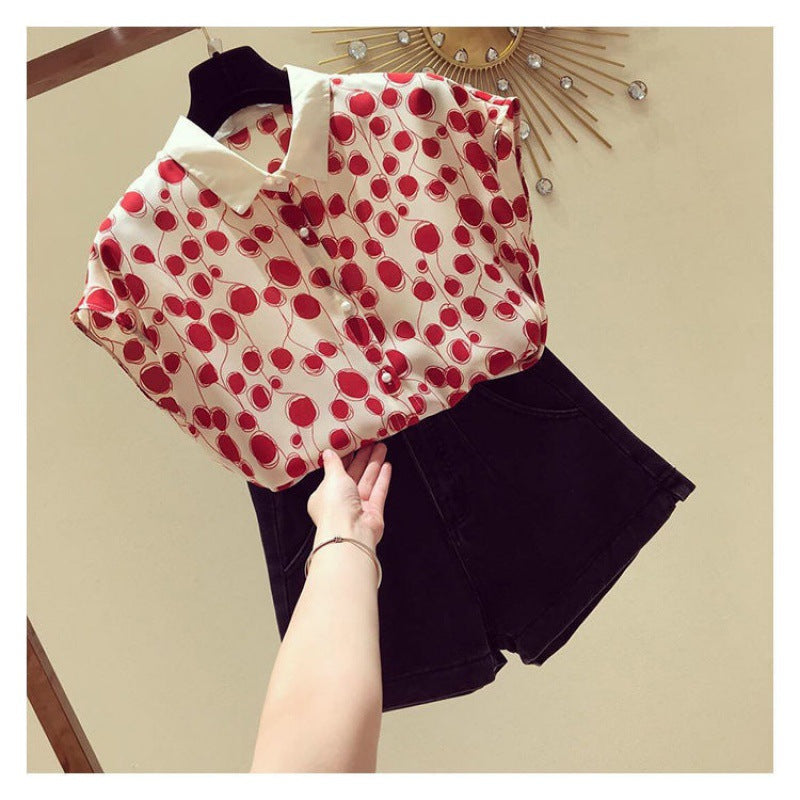 French Style Polka Dot Chiffon Shirt Short Sleeve Top