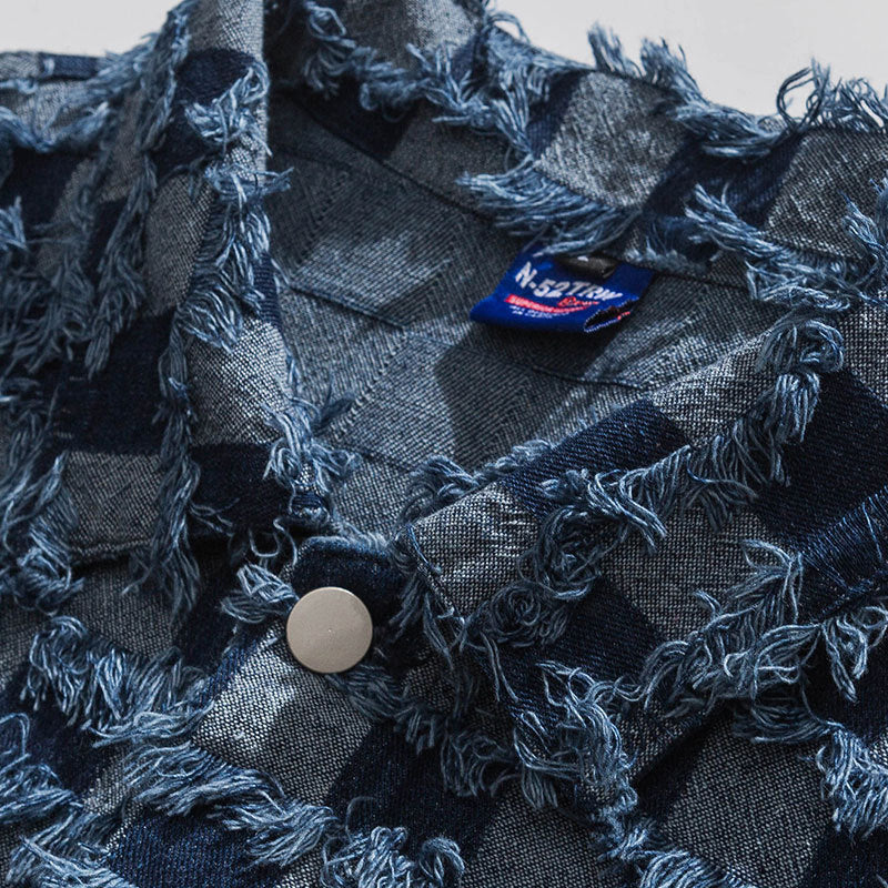 Checkerboard Denim Shearing Lapel Jacket