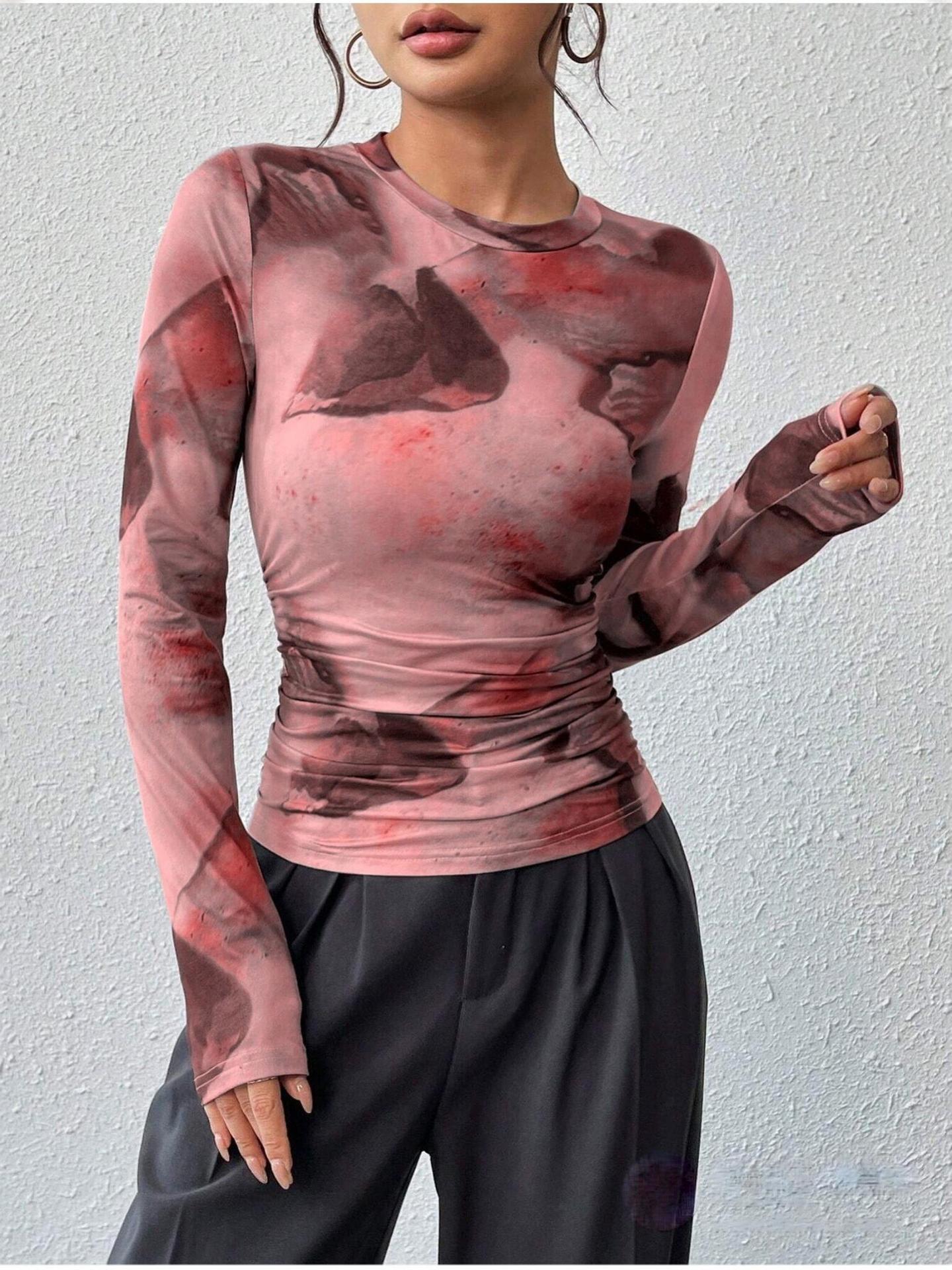 Ink-wash Retro Print Women's Slim-fit Versatile Stylish Top