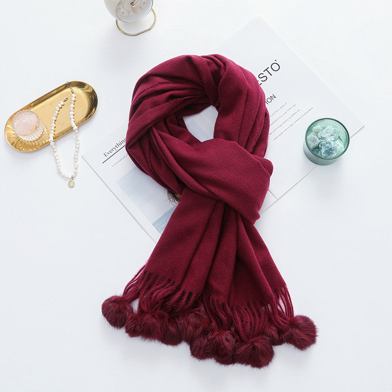 Versatile New-Style Womens Cape With Pompoms Cashmere And Wool Scarf