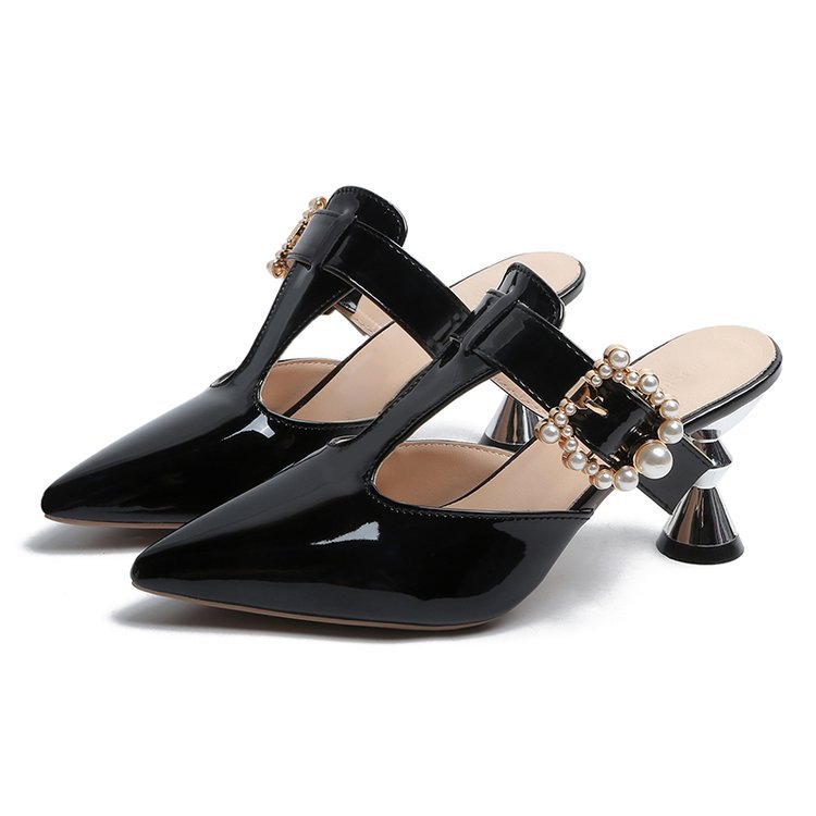 Summer Fashion Pointed-toe Slip-on High Heel Large Size Belt Pearl Round Buckle Sandals