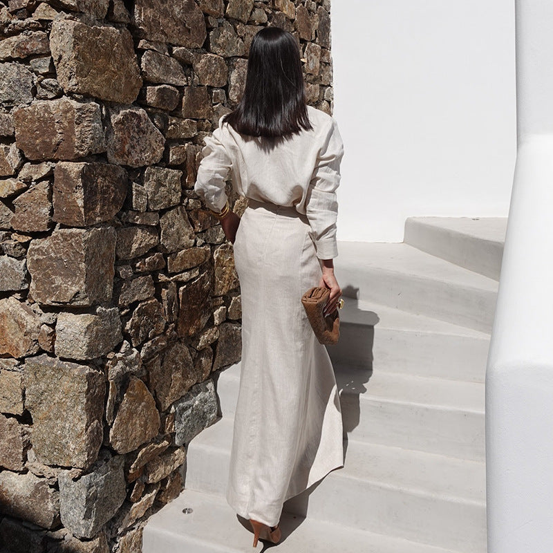 Elegant Crew-neck Long-sleeve Shirt And High-waisted Figure-flattering Skirt Two-piece Set