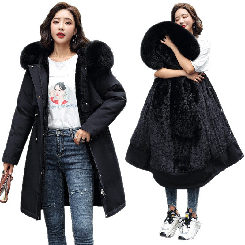 Long Style Large Fur Collar Fleece Lined Cotton Jacket Down Cotton Coat Outerwear