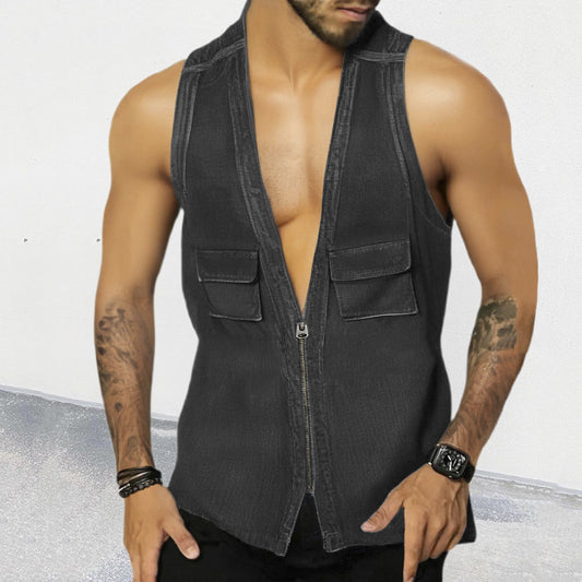 Europæisk og amerikansk denimvest med sexet V-hals, ærmeløs, slank denim cardigan med lynlås