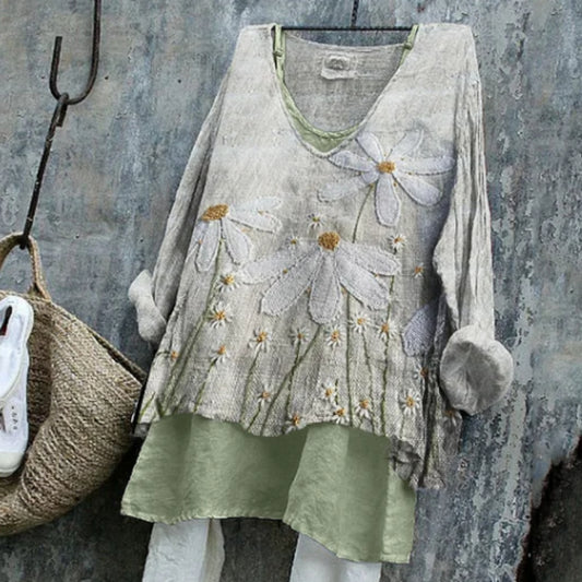 Cottage Daisies Floral Fiber Art Linen Long-sleeve Top