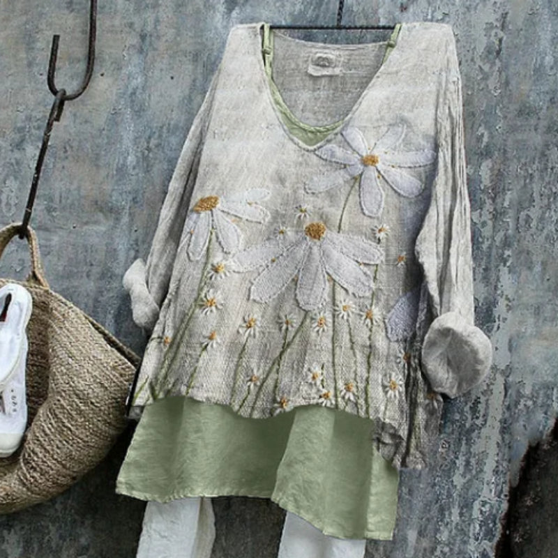 Cottage Daisies Floral Fiber Art Linen Long-sleeve Top