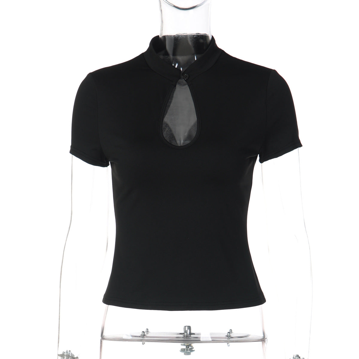 New Fashion Sexy Hollow-out Chest Design With Frog Buttons Solid-color Short Sleeves