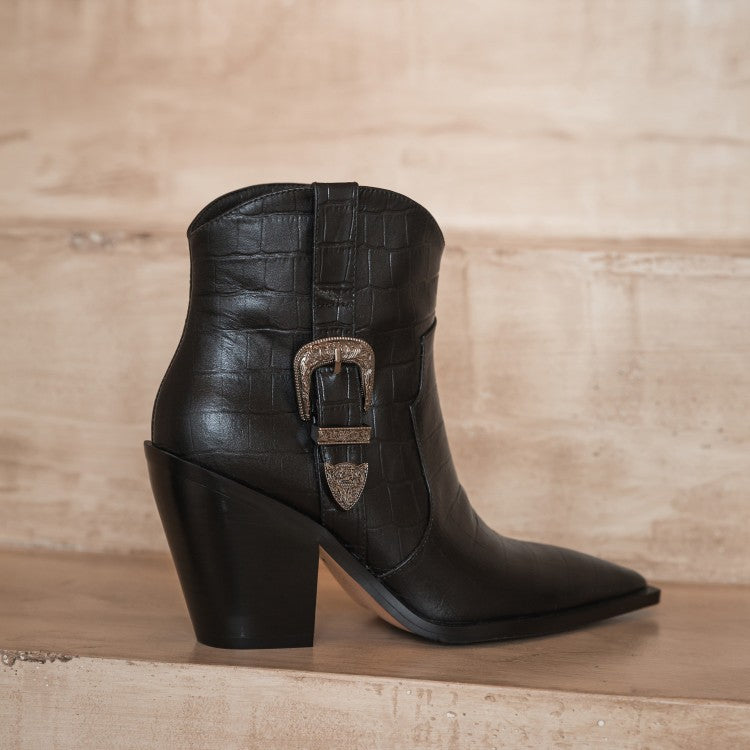 Thick Heel High-heeled Ankle Boots With Pointed Metal Belt Buckle