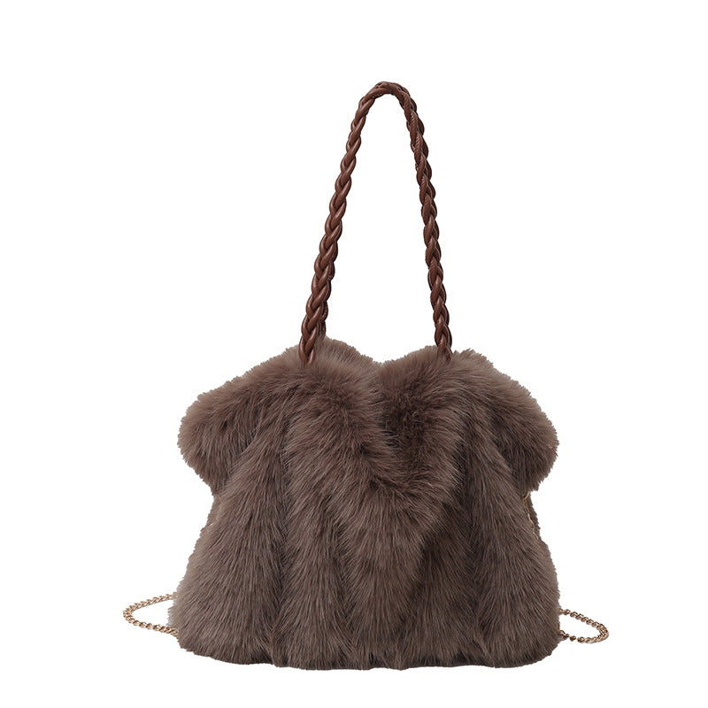 New Plush High-end Fashion Pleated Faux Fox Fur Shoulder Bag