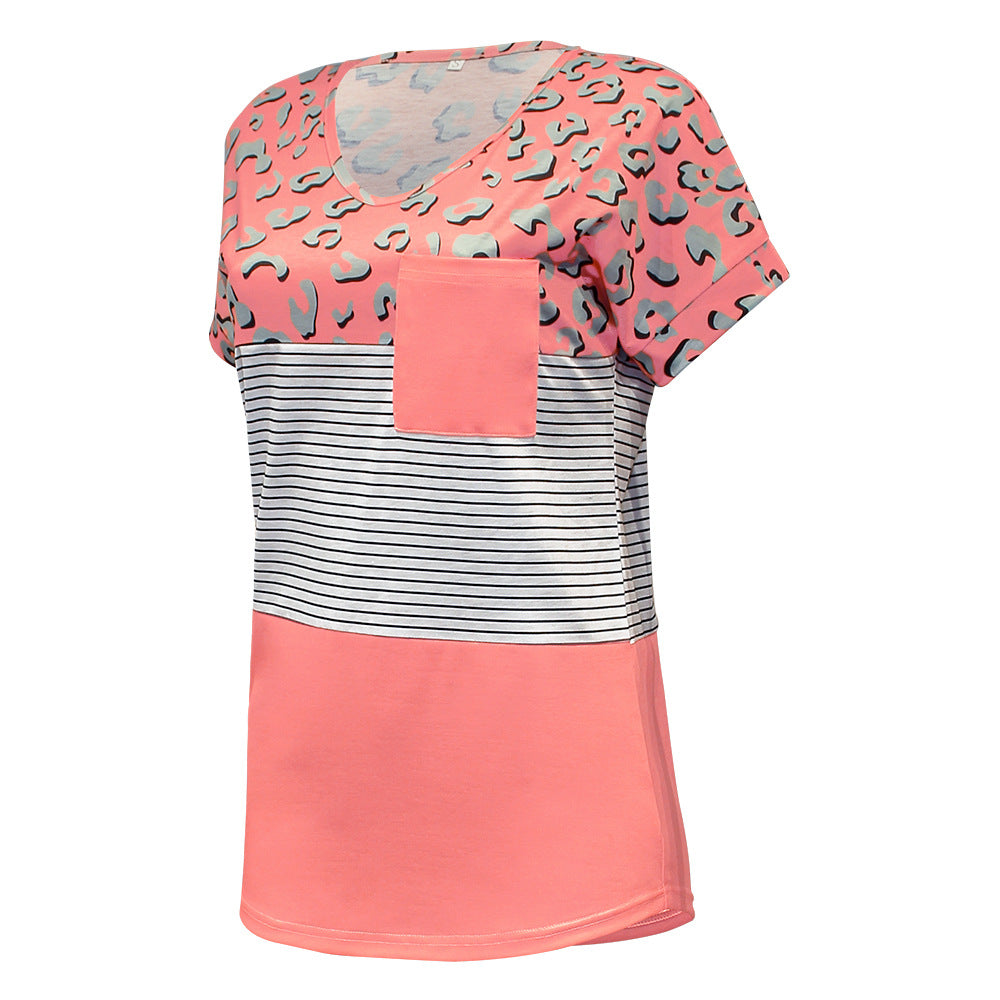 European And American Striped Print Short-sleeved Round Neck Pocket Stitching Casual T-shirt