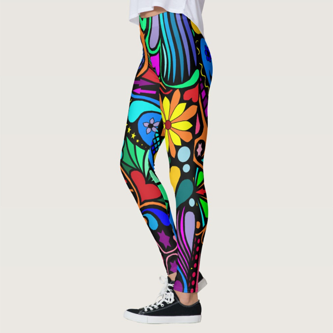 Popular Contrast Color Flower Leggings Women's Sports Casual Slim-fitting Ankle Length Trousers